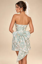 Jacquard A-Line/Princess Strapless Mini Homecoming Dresses with Bow & Pearls (SHI22370329)