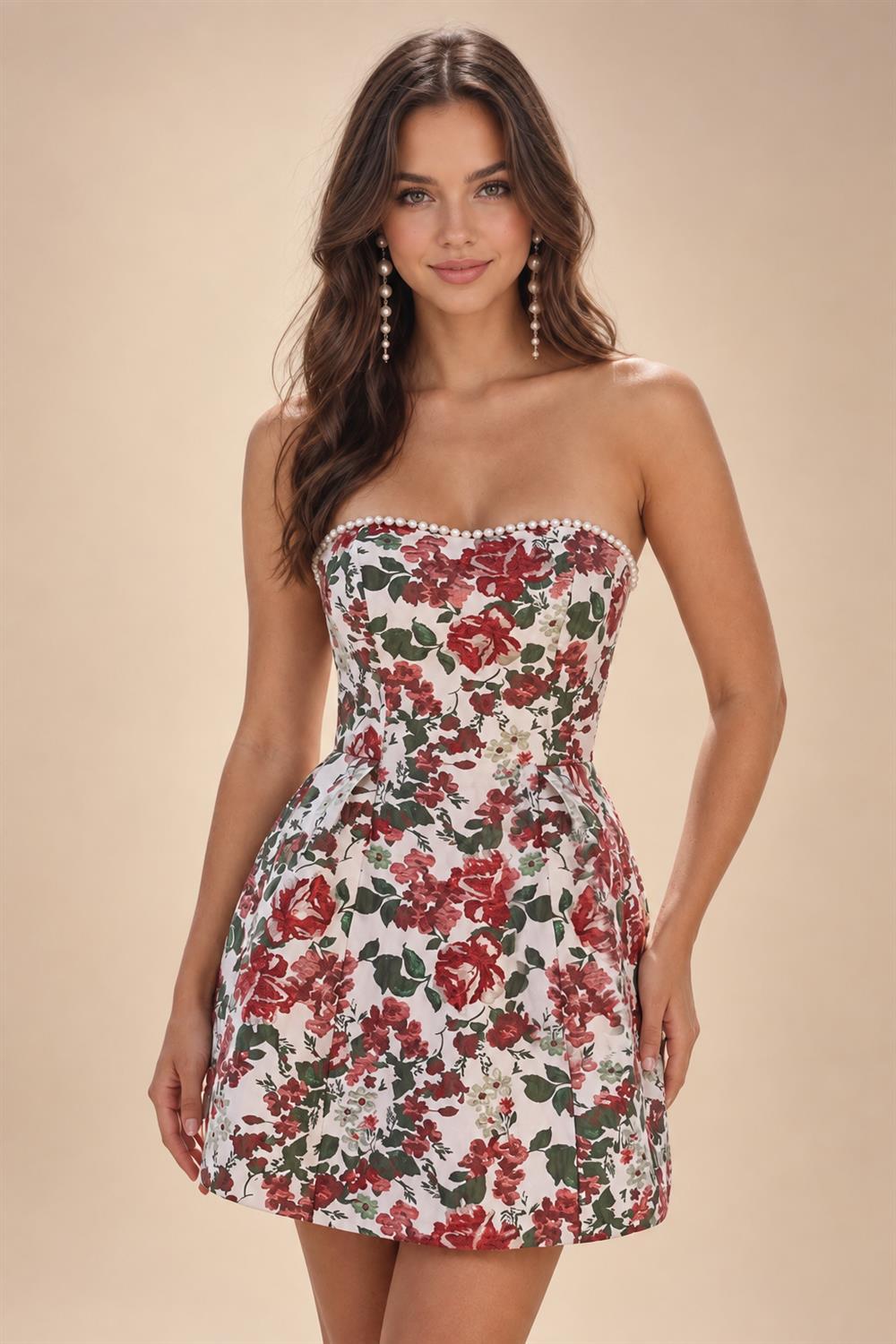Jacquard A-Line/Princess Strapless Mini Homecoming Dresses with Bow & Pearls (SHI22370329)