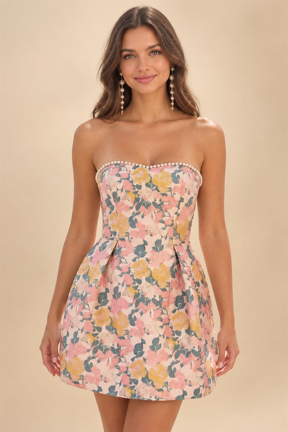Jacquard A-Line/Princess Strapless Mini Homecoming Dresses with Bow & Pearls (SHI22370329)