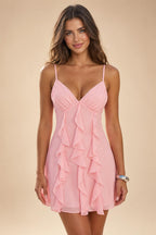 Chiffon A-Line/Princess Spaghetti Straps Mini Homecoming Dresses with Ruffles (SHI22370482)