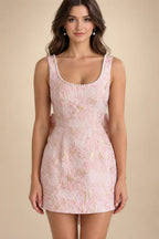 Jacquard A-Line/Princess Strapless Mini Homecoming Dresses with Bow & Pearls (SHI22370329)