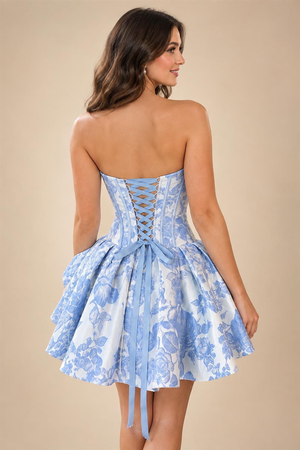A-Line/Princess Strapless Jacquard Mini Homecoming Dresses with Bow & Pearls (SHI22370552)