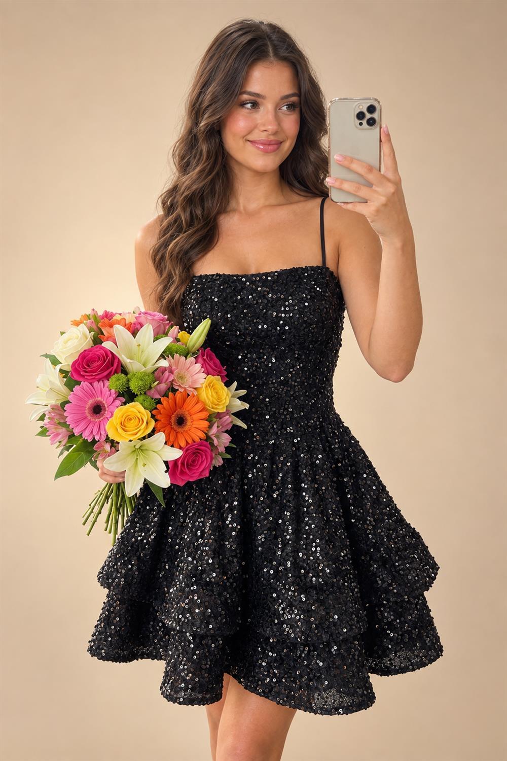 A-Line/Princess Mini Sparkly Sequin Tiered Homecoming Dresses with Spaghetti Straps (SHI22370561)