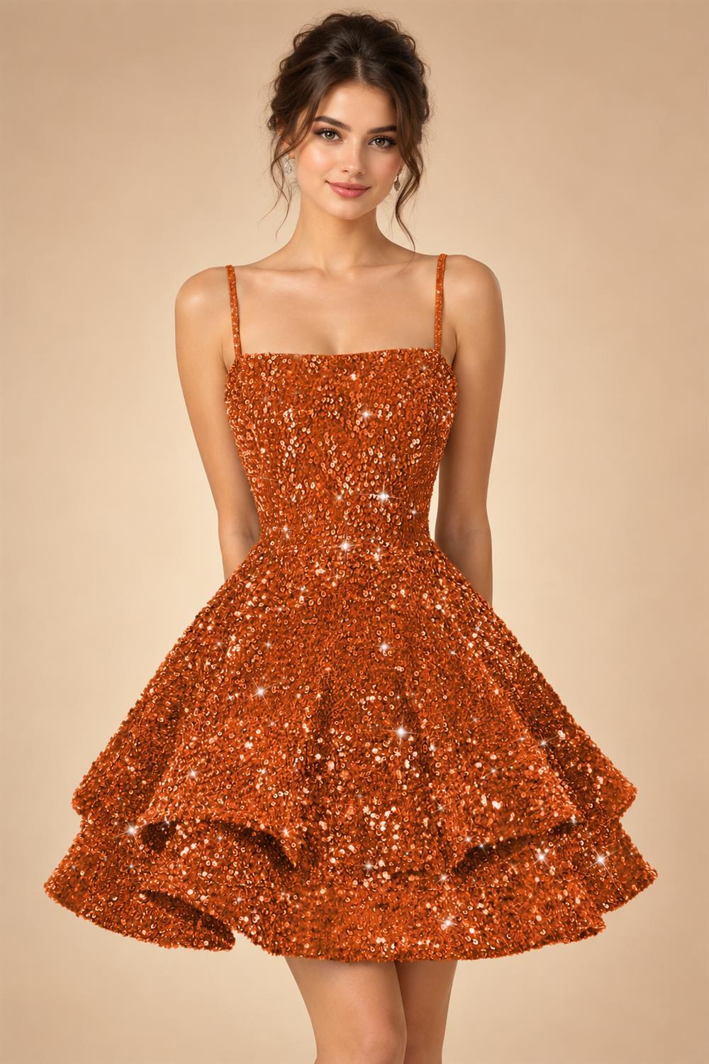A-Line/Princess Mini Sparkly Sequin Tiered Homecoming Dresses with Spaghetti Straps (SHI22370561)