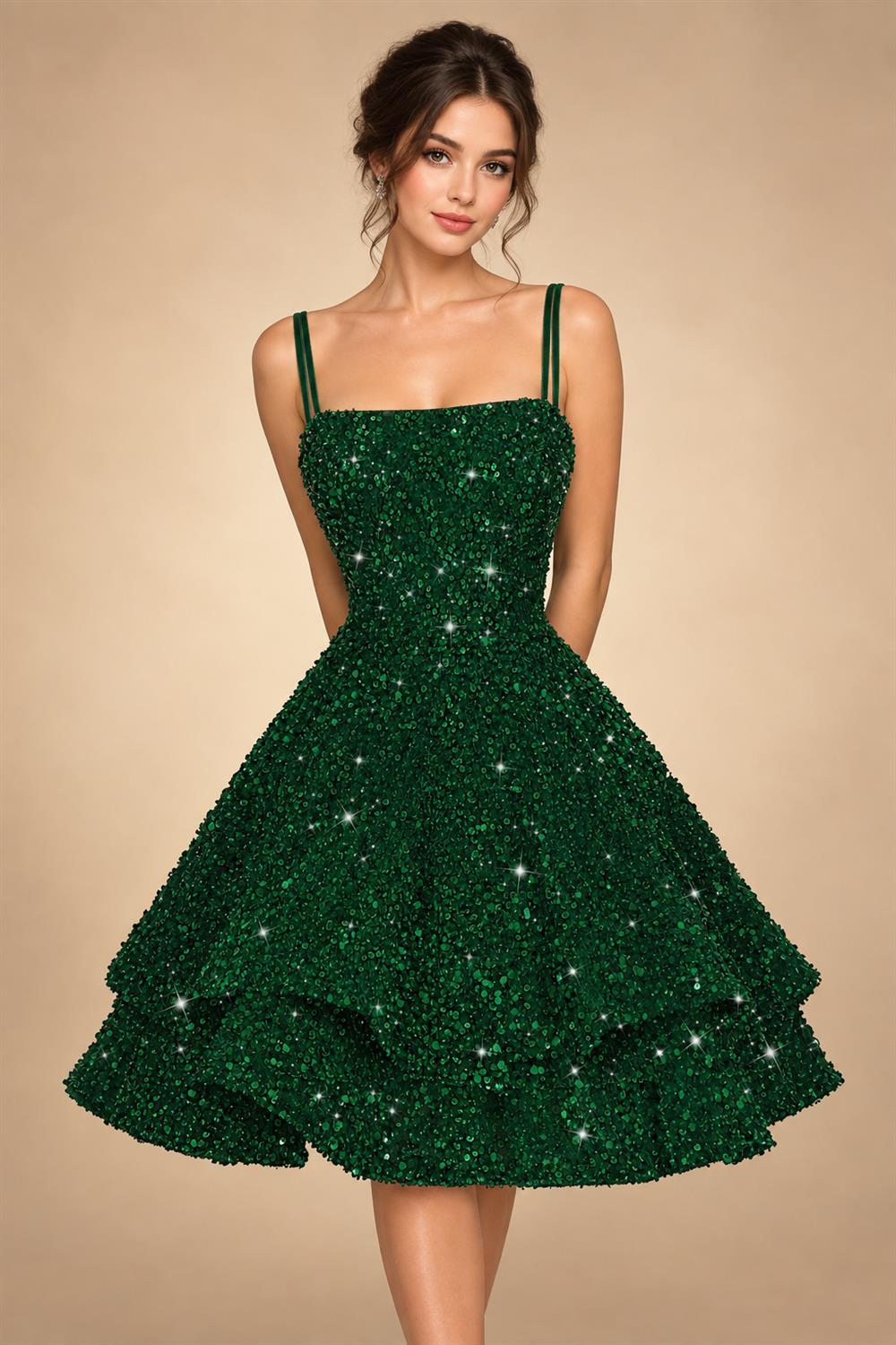 A-Line/Princess Mini Sparkly Sequin Tiered Homecoming Dresses with Spaghetti Straps (SHI22370561)
