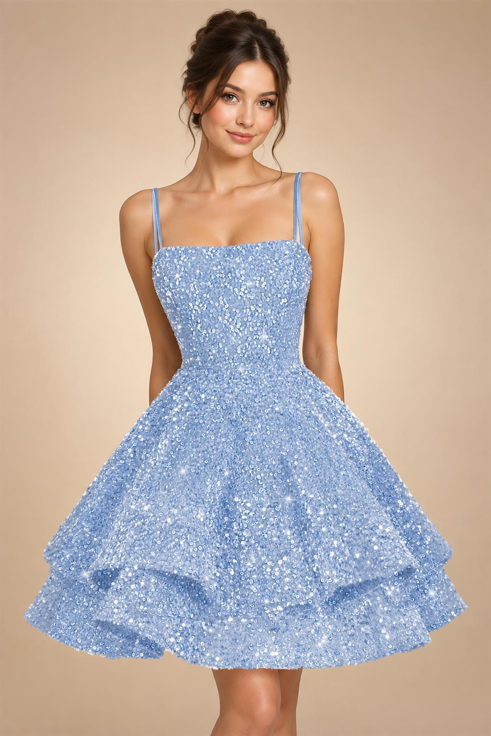A-Line/Princess Mini Sparkly Sequin Tiered Homecoming Dresses with Spaghetti Straps (SHI22370561)