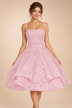 A-Line/Princess Mini Sparkly Sequin Tiered Homecoming Dresses with Spaghetti Straps (SHI22370561)