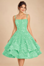 A-Line/Princess Mini Sparkly Sequin Tiered Homecoming Dresses with Spaghetti Straps (SHI22370561)