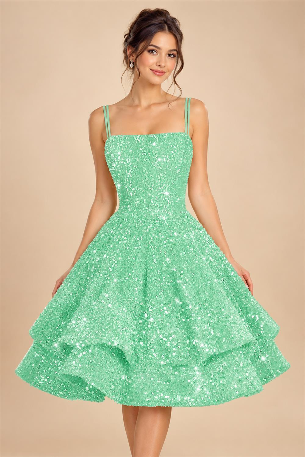 A-Line/Princess Mini Sparkly Sequin Tiered Homecoming Dresses with Spaghetti Straps (SHI22370561)
