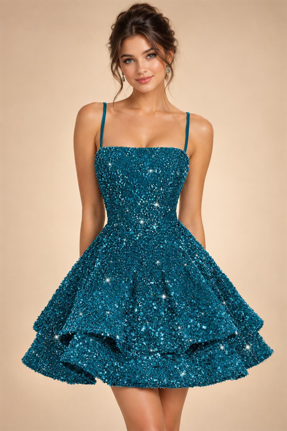 A-Line/Princess Mini Sparkly Sequin Tiered Homecoming Dresses with Spaghetti Straps (SHI22370561)