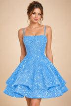 A-Line/Princess Mini Sparkly Sequin Tiered Homecoming Dresses with Spaghetti Straps (SHI22370561)