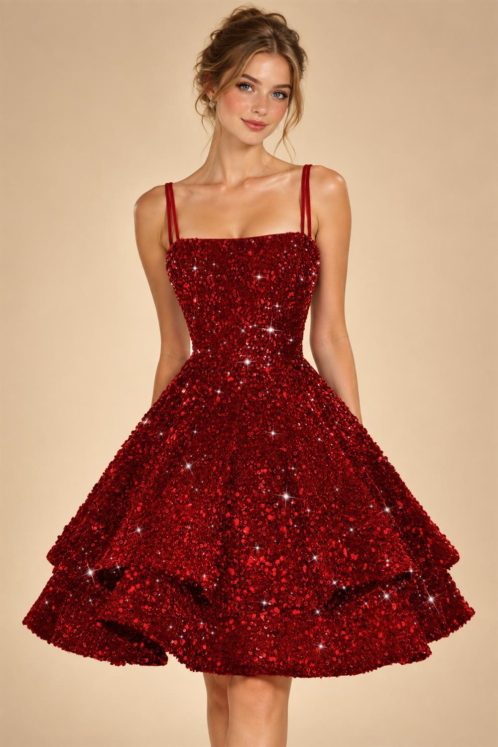 A-Line/Princess Mini Sparkly Sequin Tiered Homecoming Dresses with Spaghetti Straps (SHI22370561)