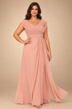 A-Line Chiffon Cape Sleeves Floor-Length Mother of the Bride & Groom Dresses with Ruched Waist (SHI22500705)