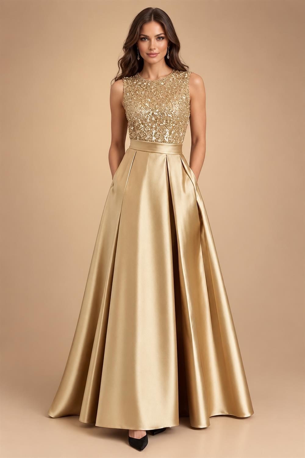 A-Line/Princess Scoop Neck Pleated Satin Evening Dresses with Sequins (SHI22500066)