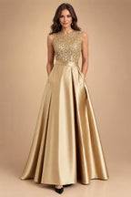 A-Line/Princess Scoop Neck Pleated Satin Evening Dresses with Sequins (SHI22500066)
