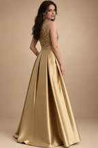 A-Line/Princess Scoop Neck Pleated Satin Evening Dresses with Sequins (SHI22500066)