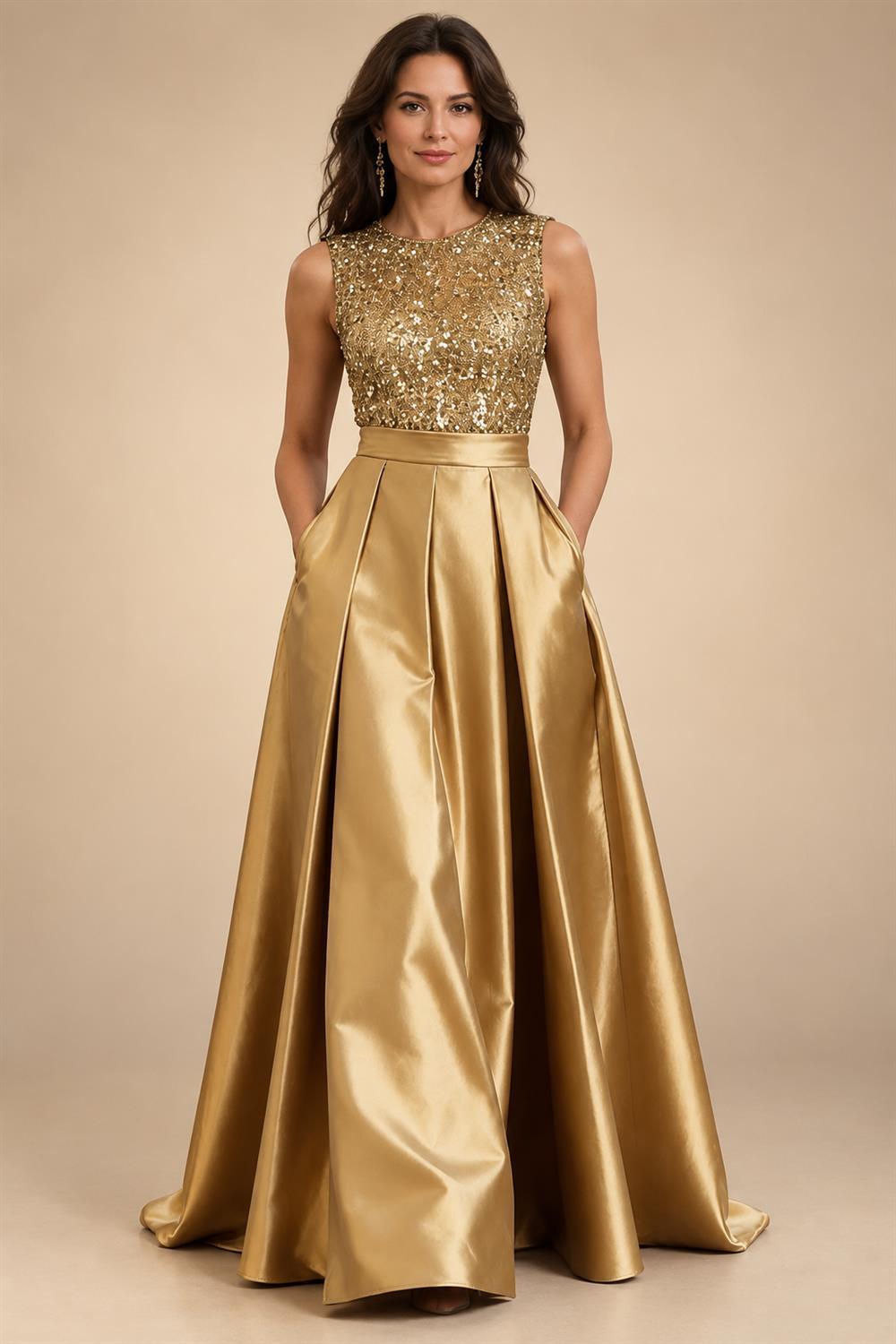A-Line/Princess Scoop Neck Pleated Satin Evening Dresses with Sequins (SHI22500066)