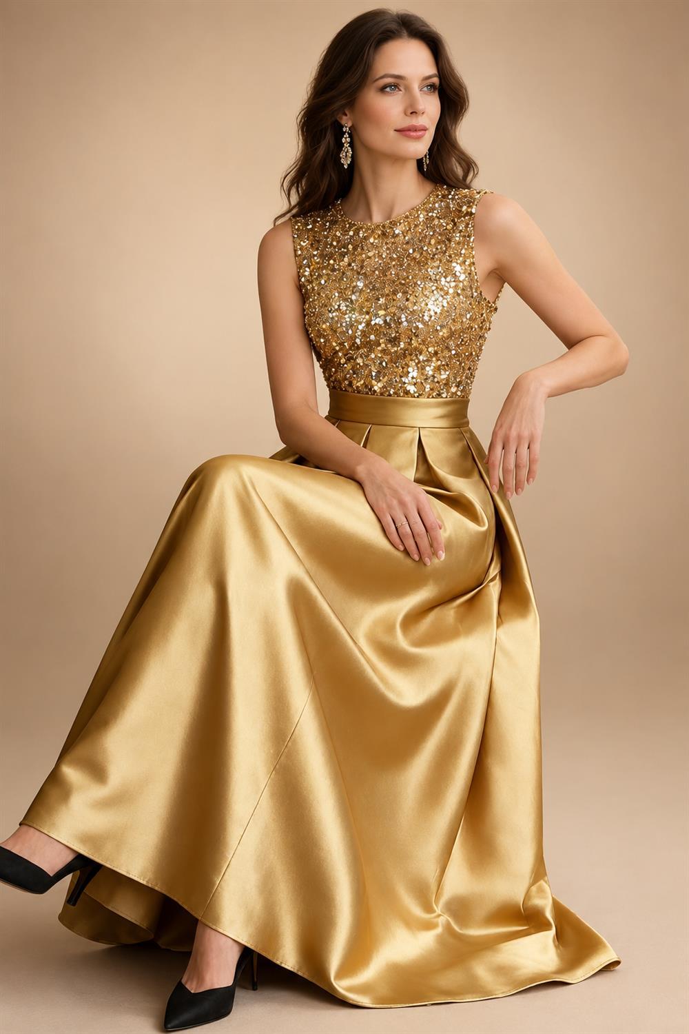 A-Line/Princess Scoop Neck Pleated Satin Evening Dresses with Sequins (SHI22500066)