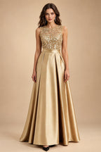 A-Line/Princess Scoop Neck Pleated Satin Evening Dresses with Sequins (SHI22500066)