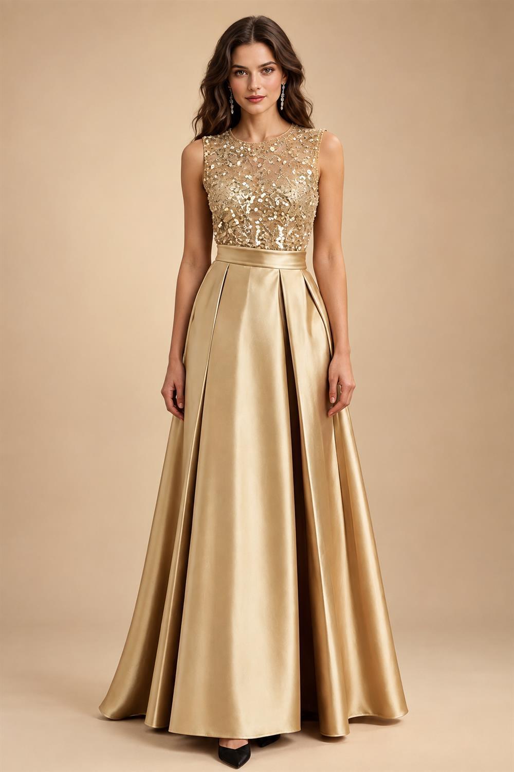 A-Line/Princess Scoop Neck Pleated Satin Evening Dresses with Sequins (SHI22500066)