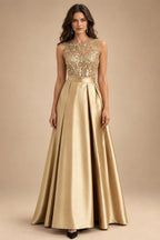 A-Line/Princess Scoop Neck Pleated Satin Evening Dresses with Sequins (SHI22500066)