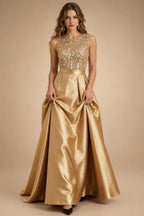 A-Line/Princess Scoop Neck Pleated Satin Evening Dresses with Sequins (SHI22500066)