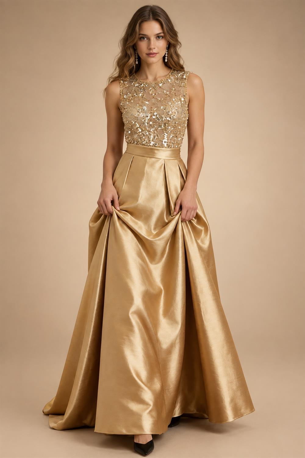 A-Line/Princess Scoop Neck Pleated Satin Evening Dresses with Sequins (SHI22500066)