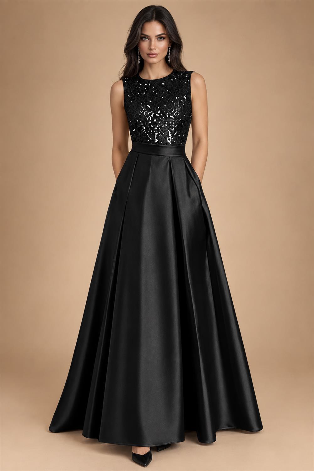 A-Line/Princess Scoop Neck Pleated Satin Evening Dresses with Sequins (SHI22500066)