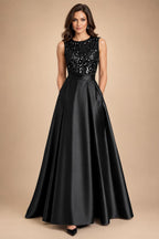 A-Line/Princess Scoop Neck Pleated Satin Evening Dresses with Sequins (SHI22500066)
