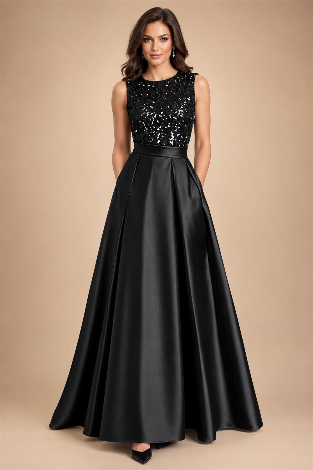 A-Line/Princess Scoop Neck Pleated Satin Evening Dresses with Sequins (SHI22500066)