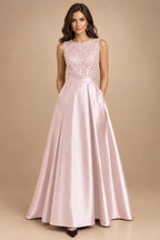 A-Line/Princess Scoop Neck Pleated Satin Evening Dresses with Sequins (SHI22500066)