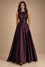 A-Line/Princess Scoop Neck Pleated Satin Evening Dresses with Sequins (SHI22500066)