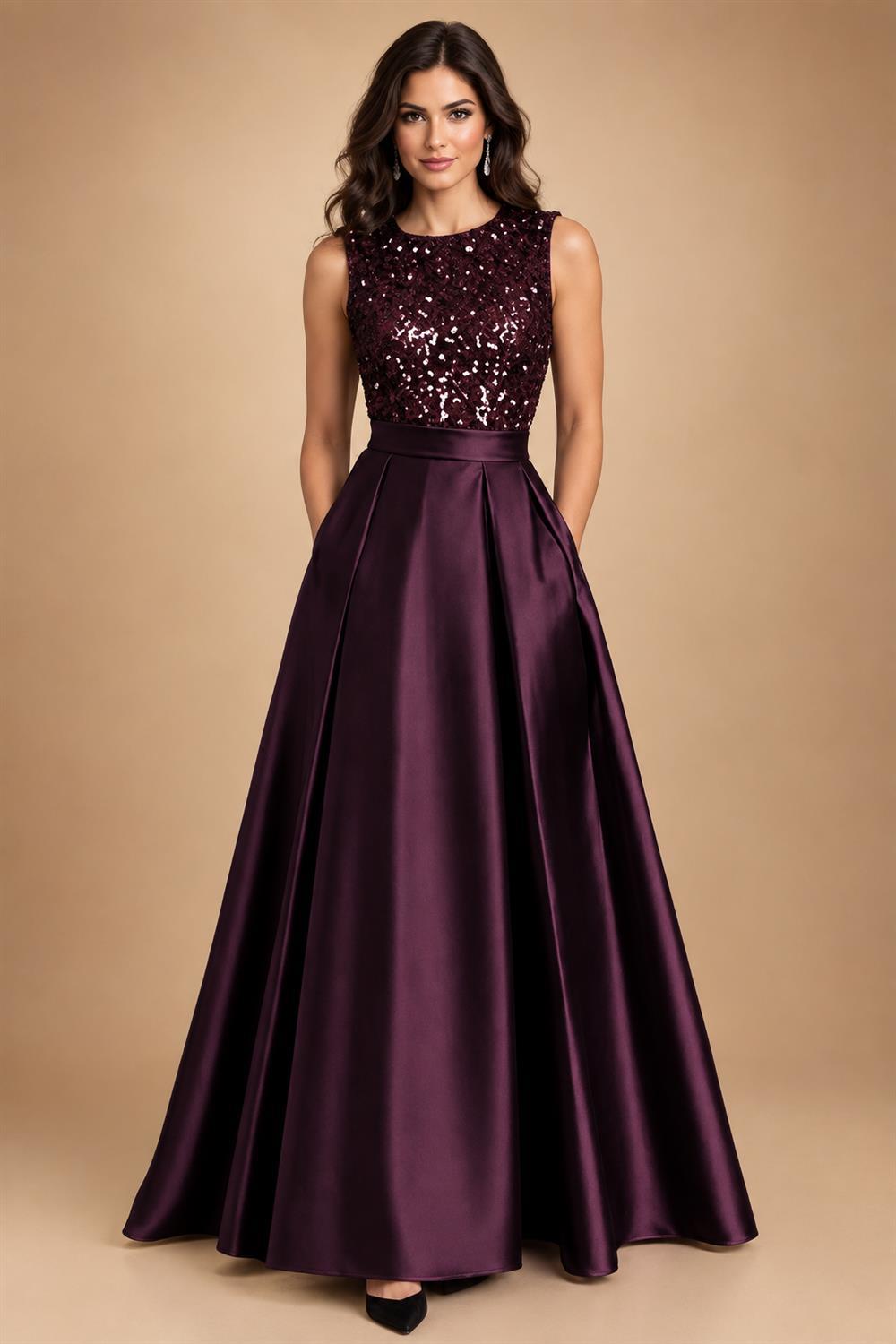 A-Line/Princess Scoop Neck Pleated Satin Evening Dresses with Sequins (SHI22500066)