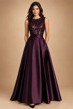 A-Line/Princess Scoop Neck Pleated Satin Evening Dresses with Sequins (SHI22500066)