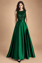 A-Line/Princess Scoop Neck Pleated Satin Evening Dresses with Sequins (SHI22500066)