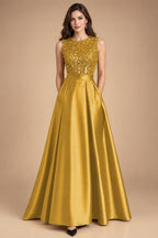 A-Line/Princess Scoop Neck Pleated Satin Evening Dresses with Sequins (SHI22500066)