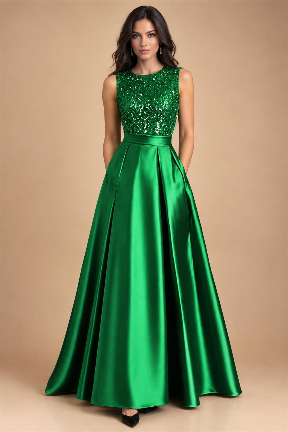 A-Line/Princess Scoop Neck Pleated Satin Evening Dresses with Sequins (SHI22500066)