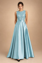 A-Line/Princess Scoop Neck Pleated Satin Evening Dresses with Sequins (SHI22500066)