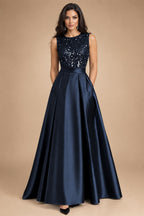 A-Line/Princess Scoop Neck Pleated Satin Evening Dresses with Sequins (SHI22500066)
