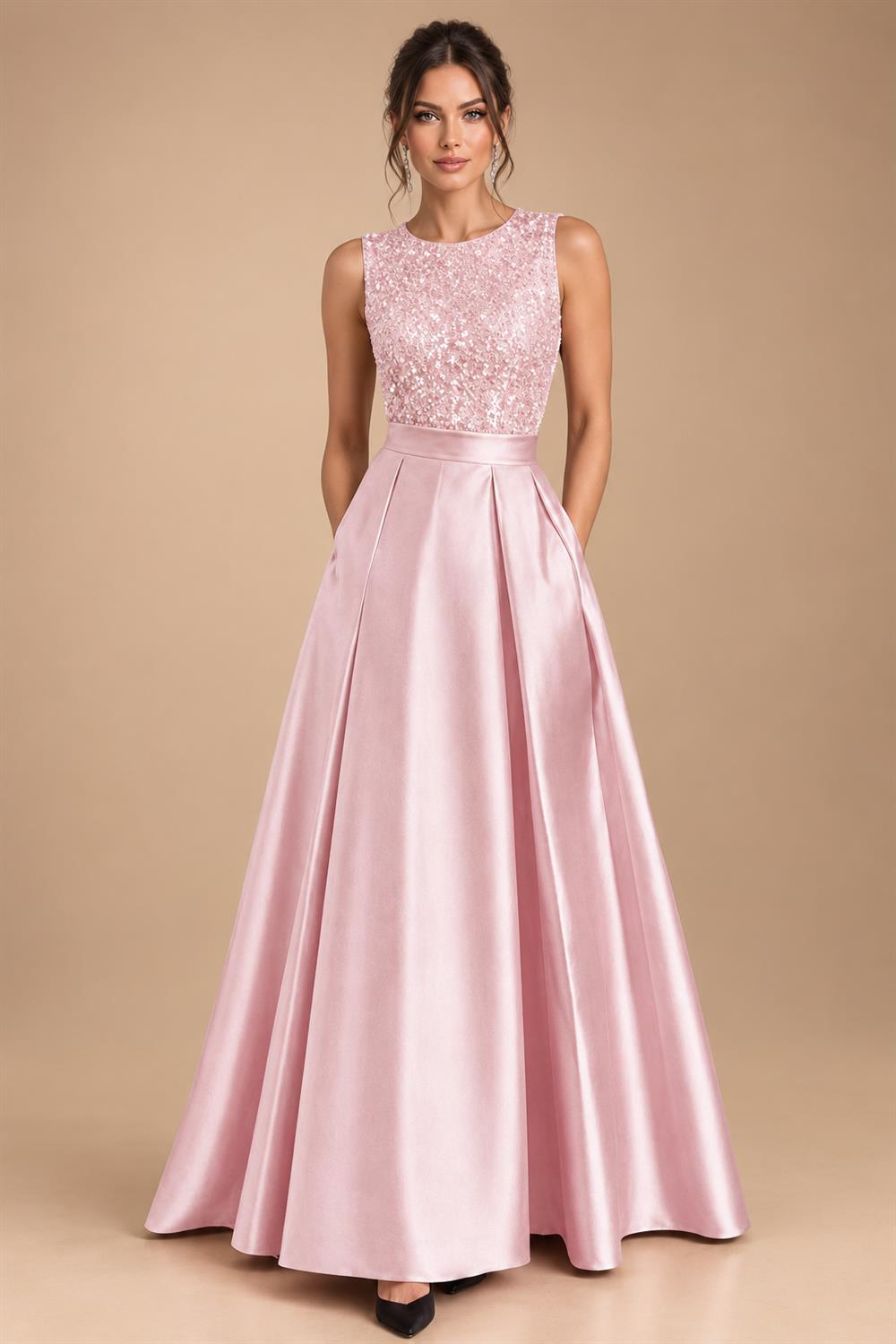 A-Line/Princess Scoop Neck Pleated Satin Evening Dresses with Sequins (SHI22500066)
