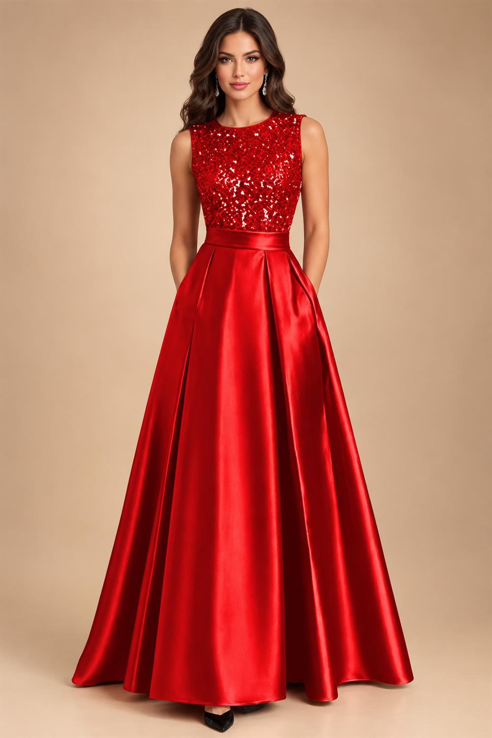 A-Line/Princess Scoop Neck Pleated Satin Evening Dresses with Sequins (SHI22500066)
