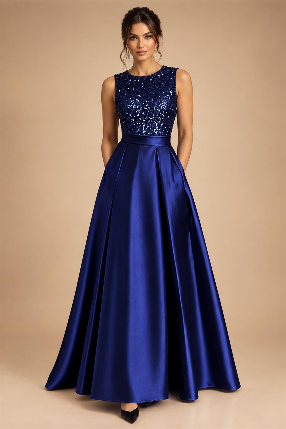 A-Line/Princess Scoop Neck Pleated Satin Evening Dresses with Sequins (SHI22500066)