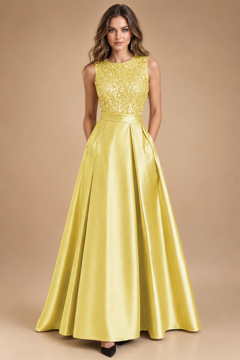 A-Line/Princess Scoop Neck Pleated Satin Evening Dresses with Sequins (SHI22500066)