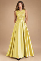A-Line/Princess Scoop Neck Pleated Satin Evening Dresses with Sequins (SHI22500066)