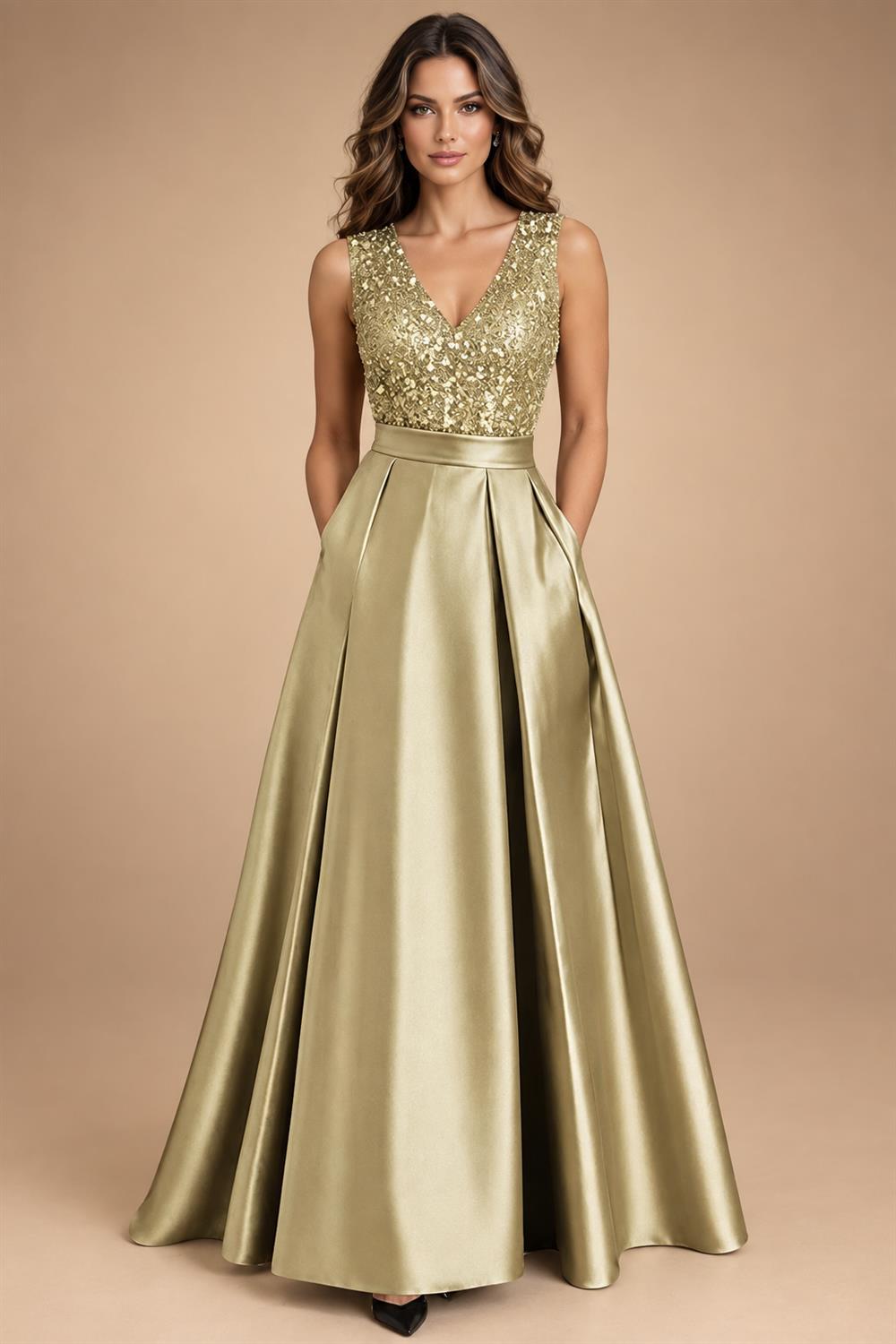 A-Line/Princess Scoop Neck Pleated Satin Evening Dresses with Sequins (SHI22500066)