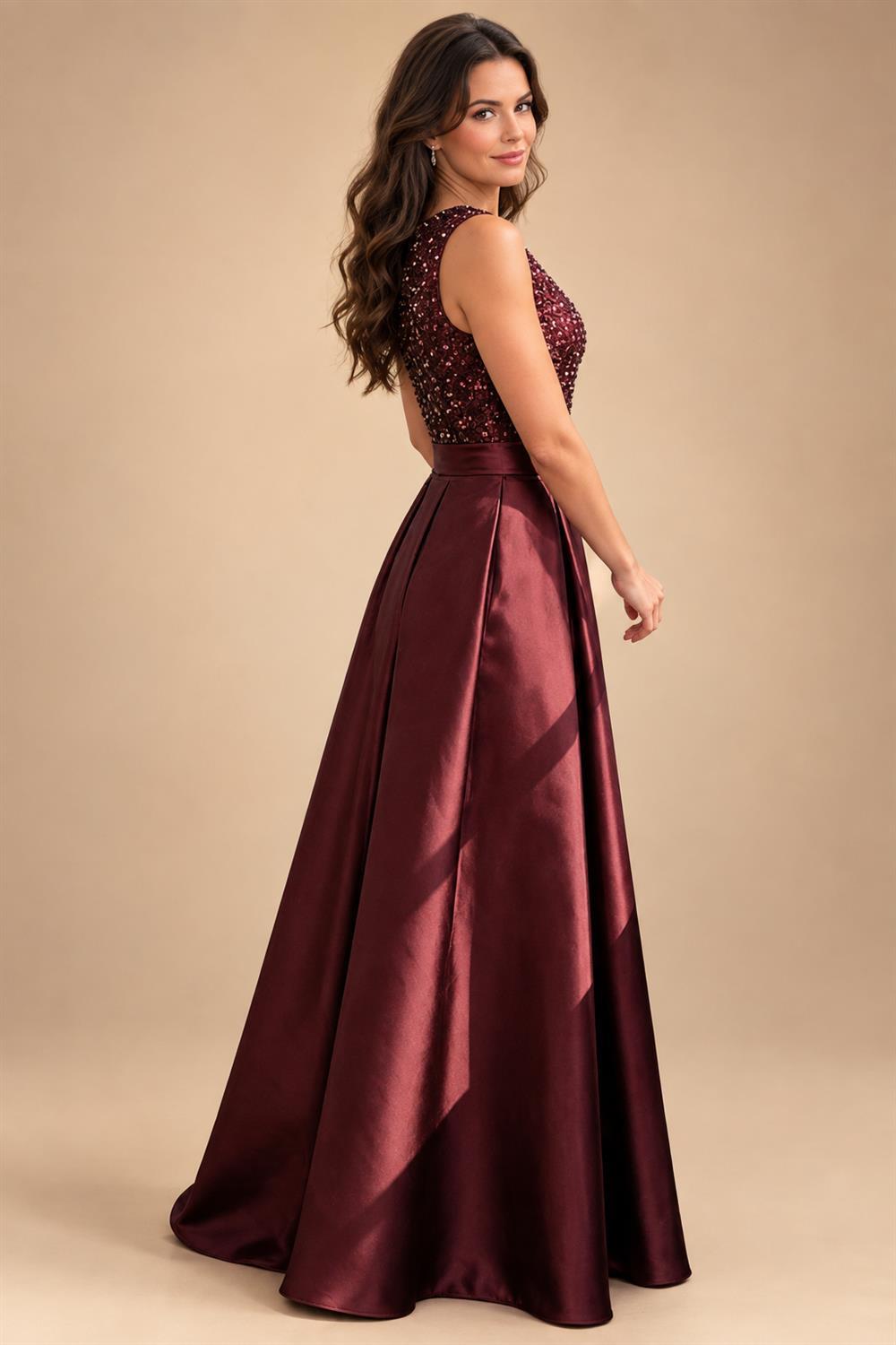 A-Line/Princess Scoop Neck Pleated Satin Evening Dresses with Sequins (SHI22500066)