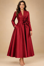 A-Line/Princess V-Neck Satin Tea-Length Mother of the Bride Dresses with Flower (SHI22500080)