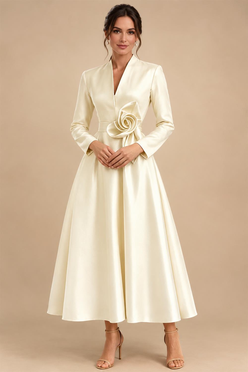 A-Line/Princess V-Neck Satin Tea-Length Mother of the Bride Dresses with Flower (SHI22500080)