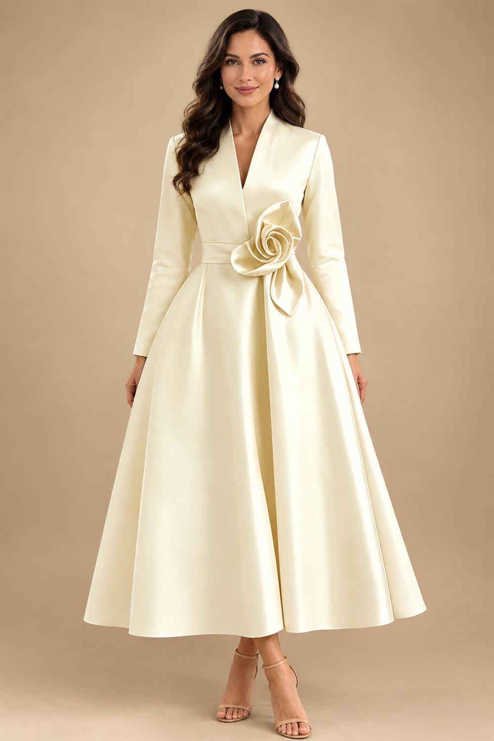 A-Line/Princess V-Neck Satin Tea-Length Mother of the Bride Dresses with Flower (SHI22500080)
