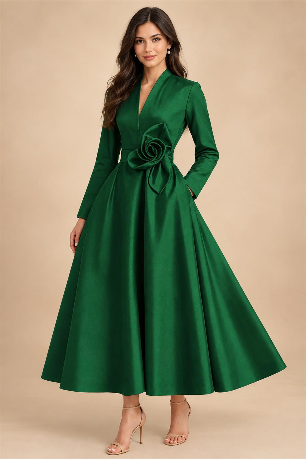 A-Line/Princess V-Neck Satin Tea-Length Mother of the Bride Dresses with Flower (SHI22500080)